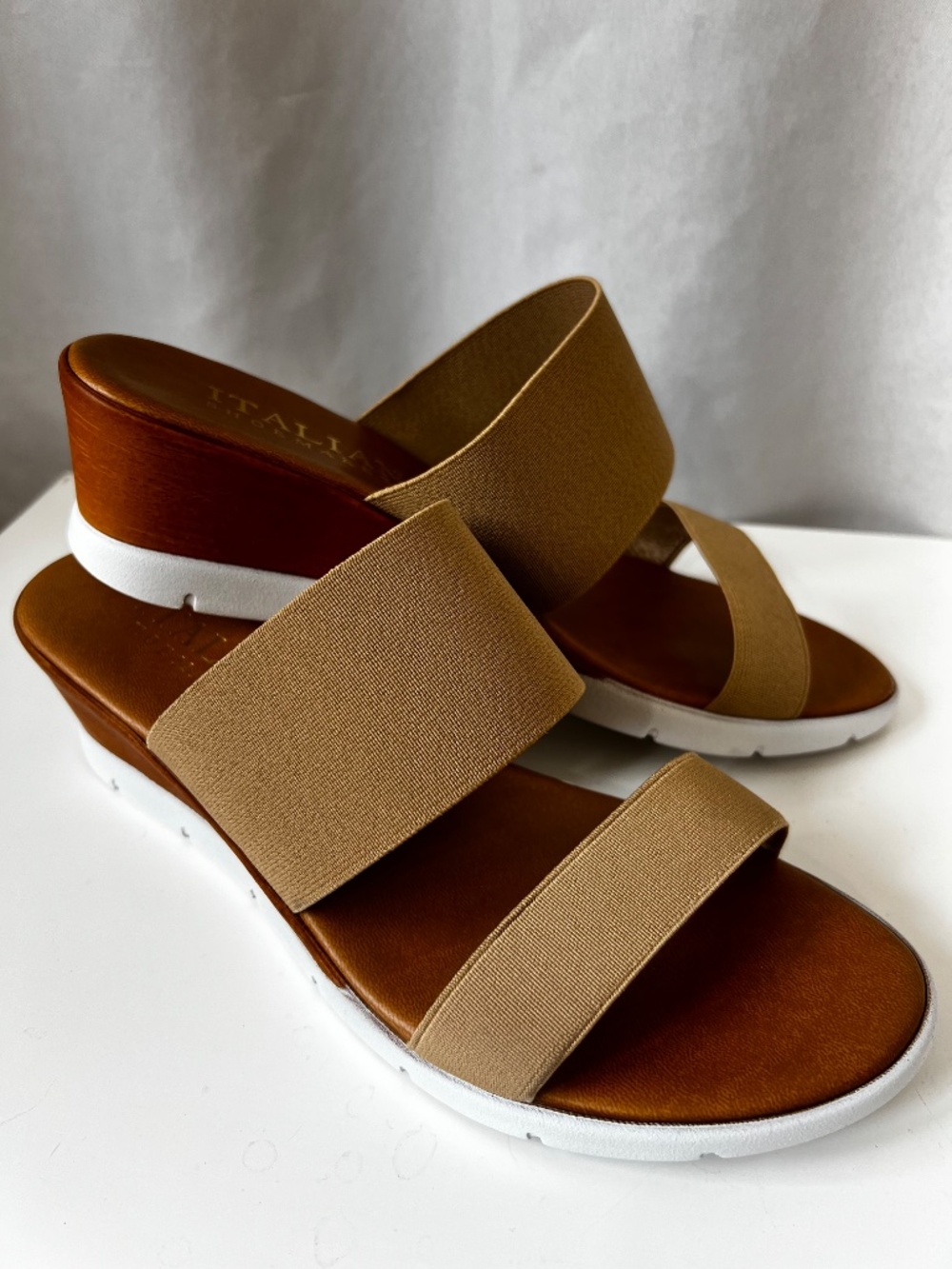 Italian Shoemakers Sz 8 Tan Made In Italy Samba Double Band Wedge Slide Sandals